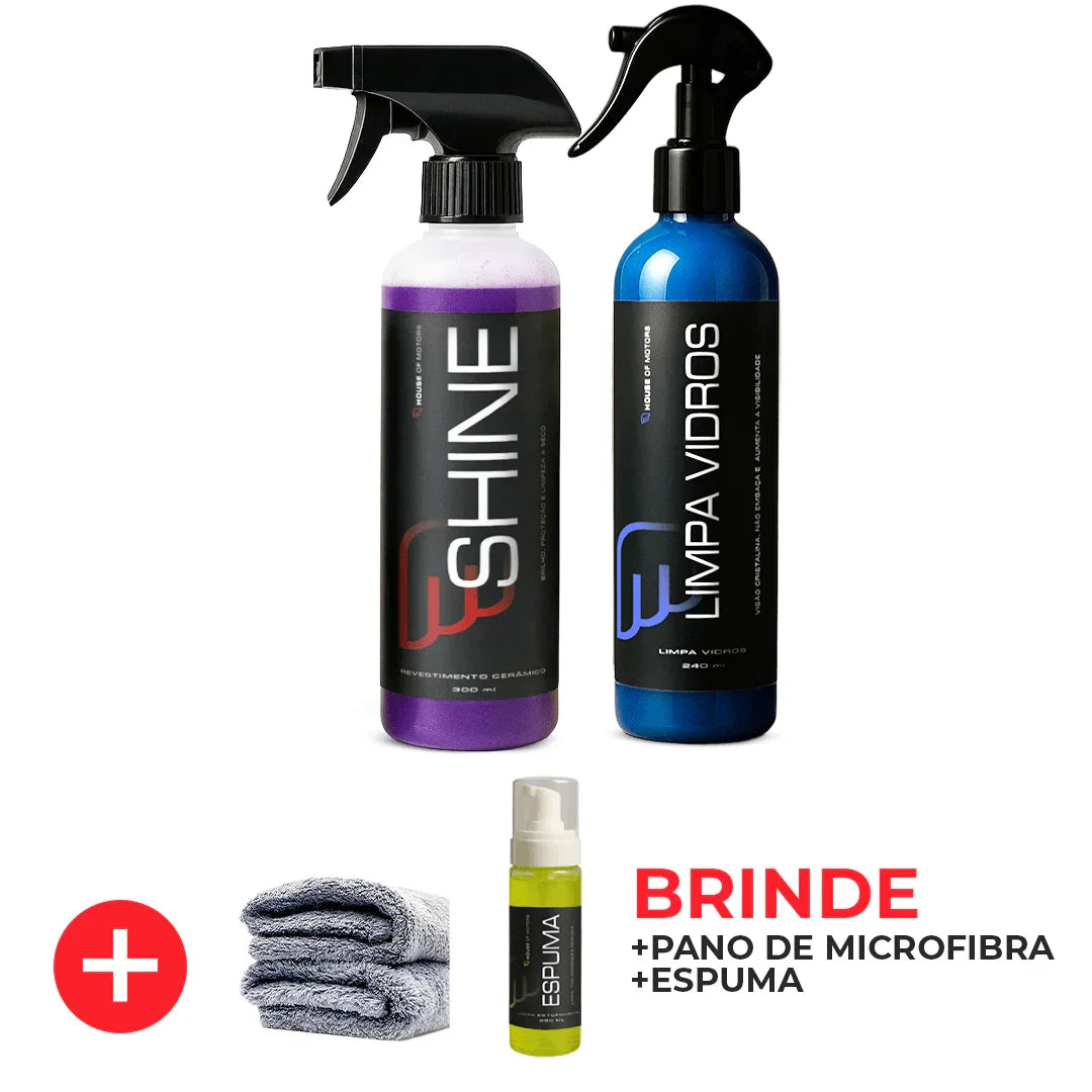 Shine + Limpa Vidros + Brindes Espuma e Pano de Microfibra